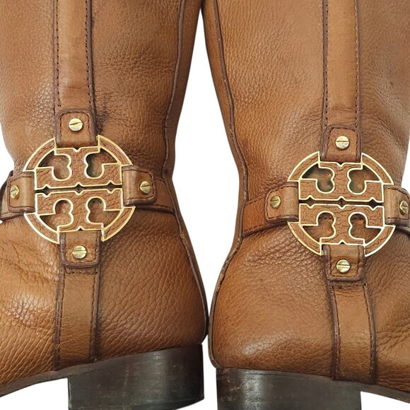 Tory Burch Amanda Tall Riding Boots READ Brown Leather Size 6.5 Side Zip Logo - Picture 13 of 15
